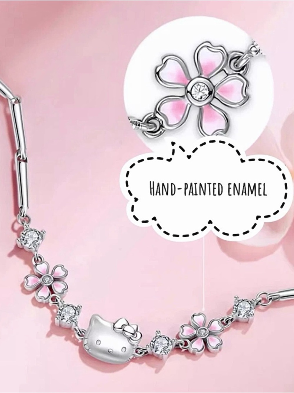 Sterling Silver Hello Kitty Zircon Floral Bracelet Minimalist Gift For Friend